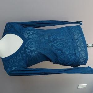 Express | Teal floral sheer long sleeve v-neck tee